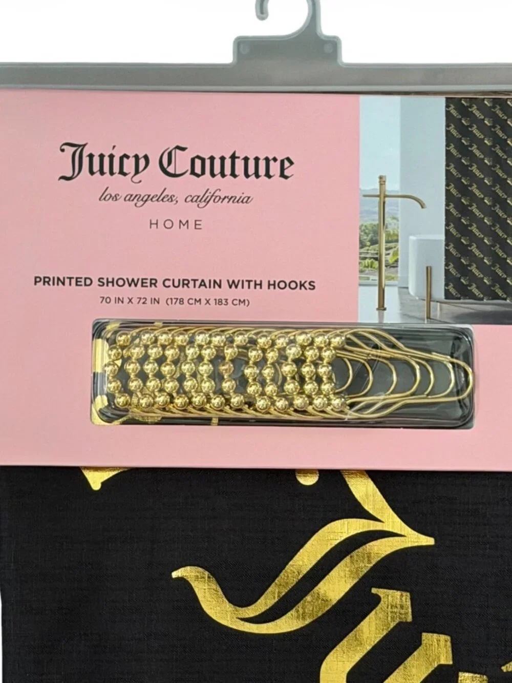 Juicy Couture Black & Gold Shower Curtain with Hooks | NEW